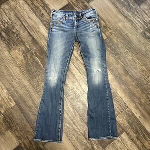Y2K Silver Suki Flap Pocket Low Rise Embroidered Jeans 26/32 Distressed Bootcut